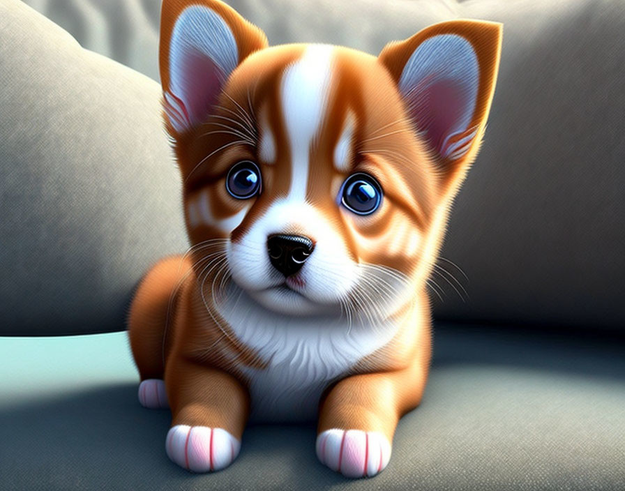 Brown and White Puppy with Blue Eyes Resting on Soft Surface