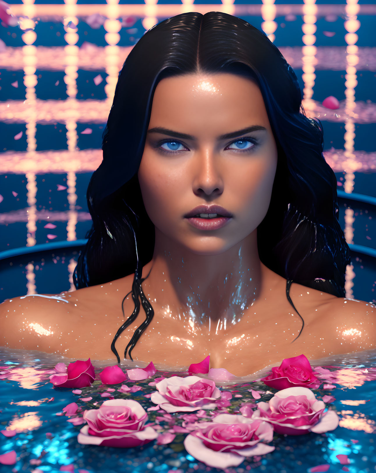 Woman with Wet Hair and Blue Eyes Emerging from Pool with Pink Rose Petals