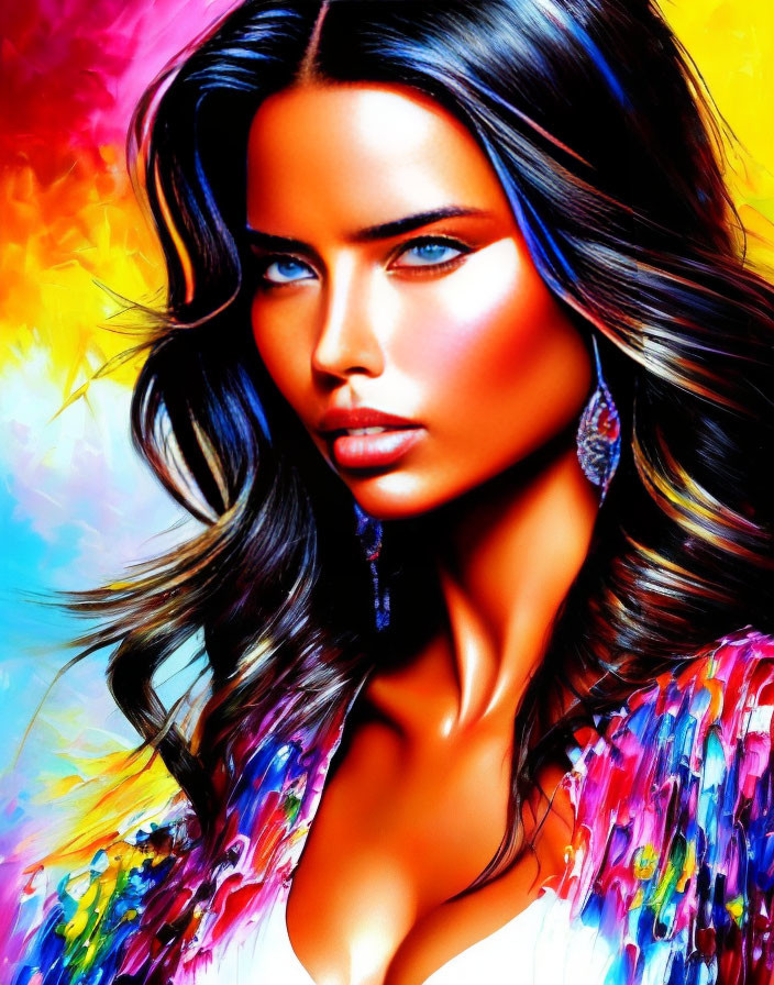 Colorful digital painting of a woman with blue eyes and abstract makeup