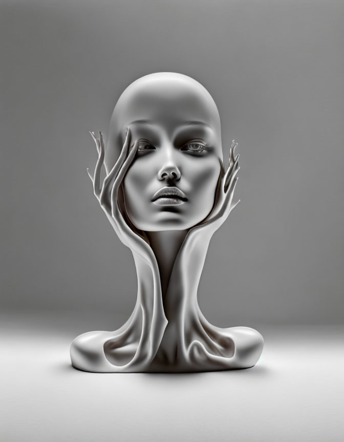 Reflective silver surreal sculpture of female face with hands, set against grey background