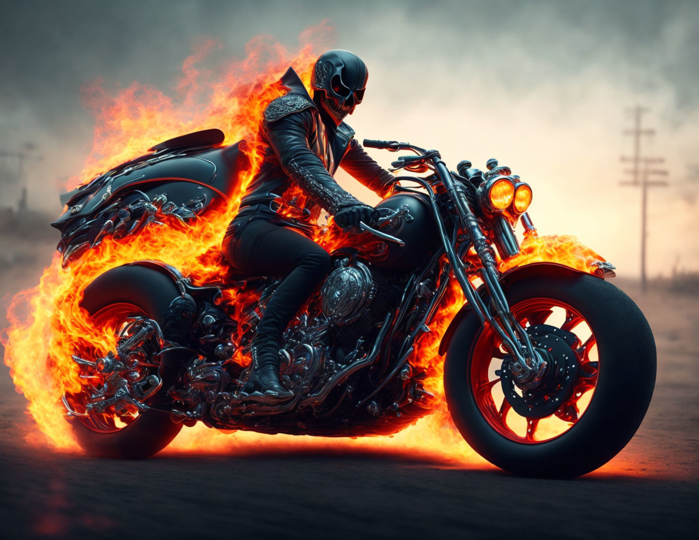 Flaming motorcycle rider on desolate road at dusk