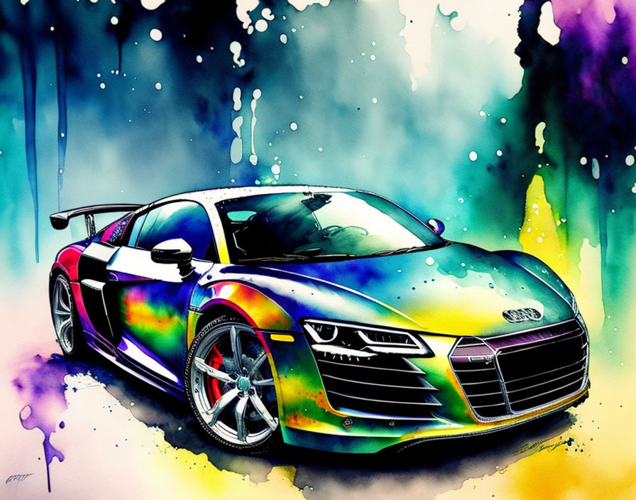 Colorful Watercolor Illustration of Audi R8 Sports Car