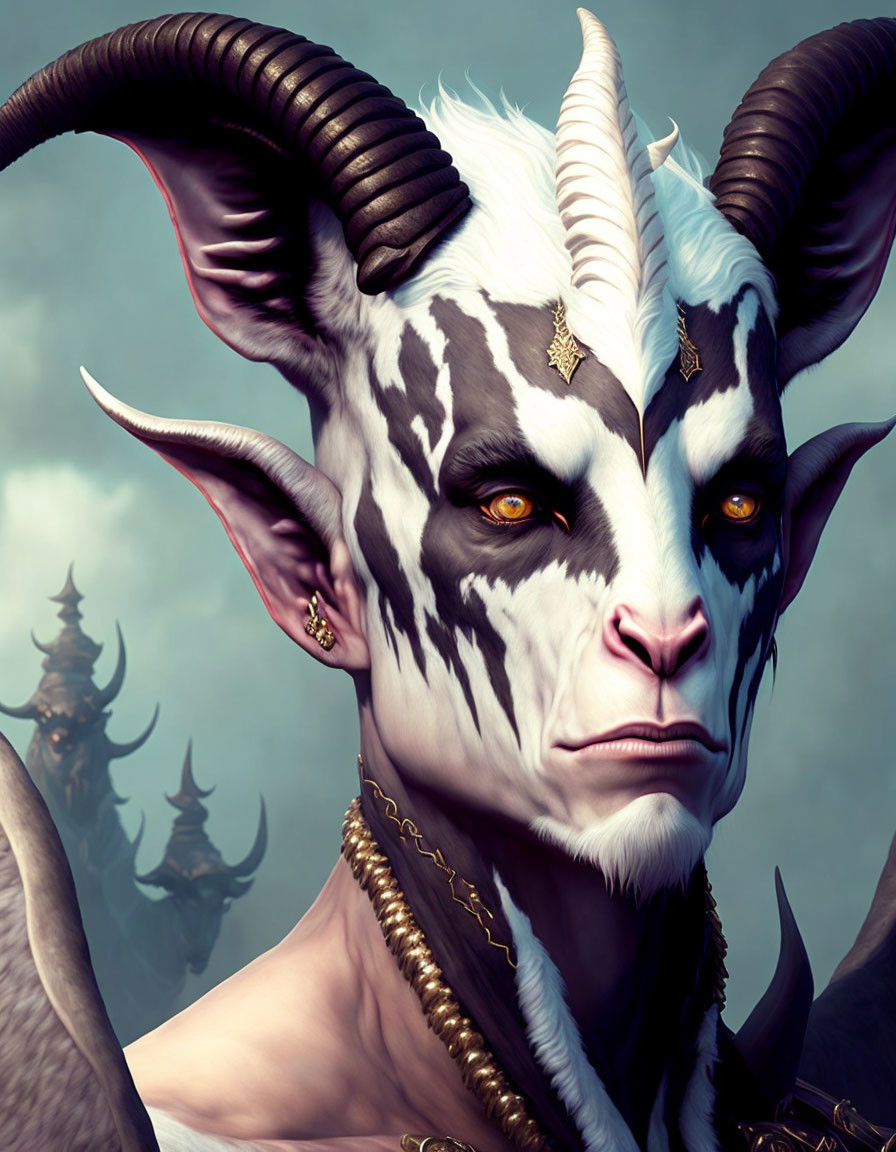 Fantasy character illustration: goat-like appearance, horns, yellow eyes, black and white facial patterns