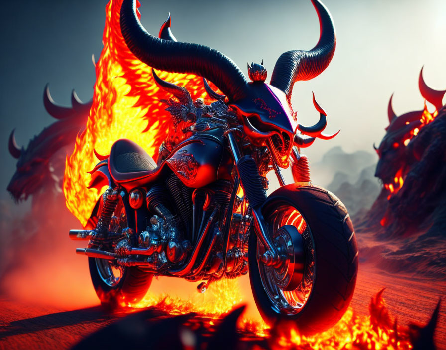 Demonic figure on custom motorcycle in fiery hellish scene