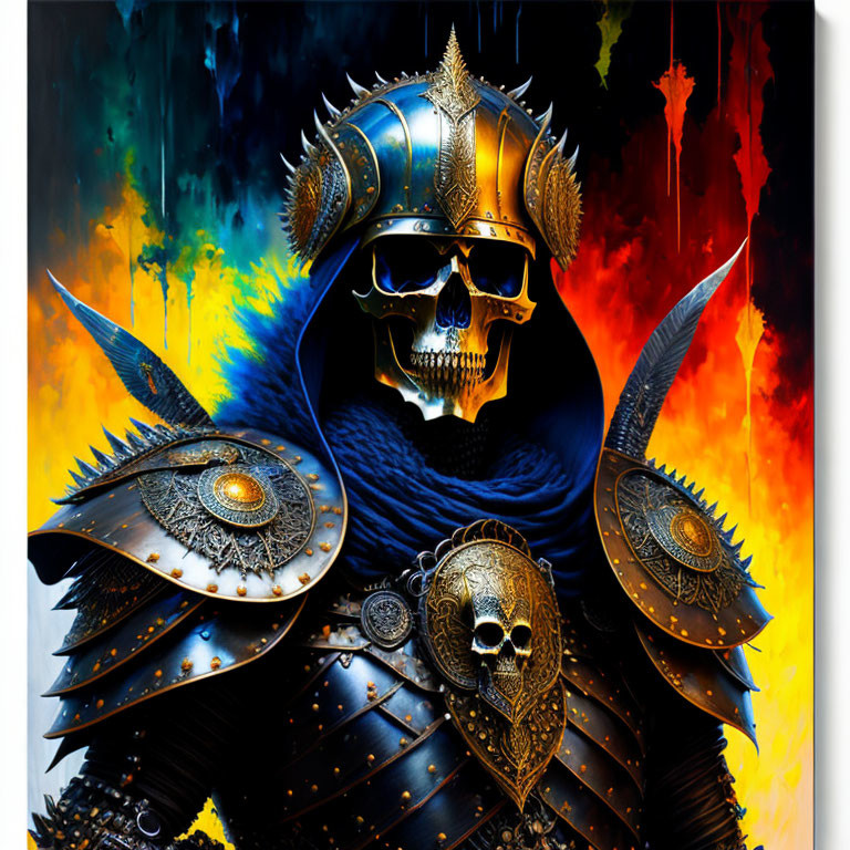 Colorful Fantasy Artwork: Skull-Faced Figure in Gold Armor