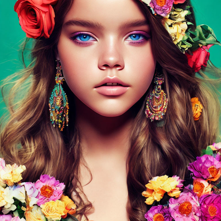 Portrait of a Girl with Striking Blue Eyes and Floral Headpiece