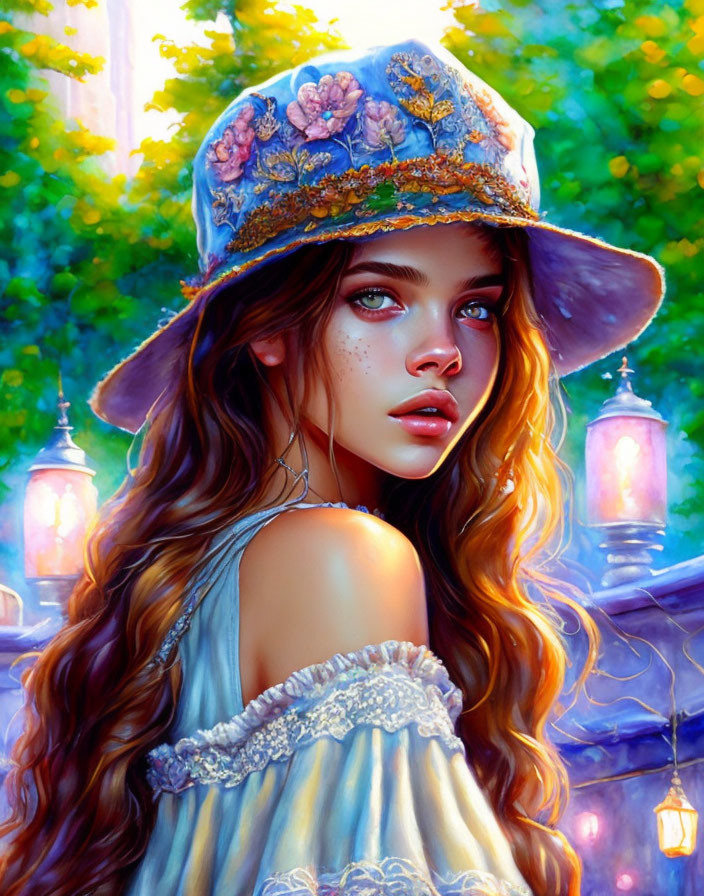 Digital artwork: Woman with wavy hair and floral hat in lantern-lit foliage