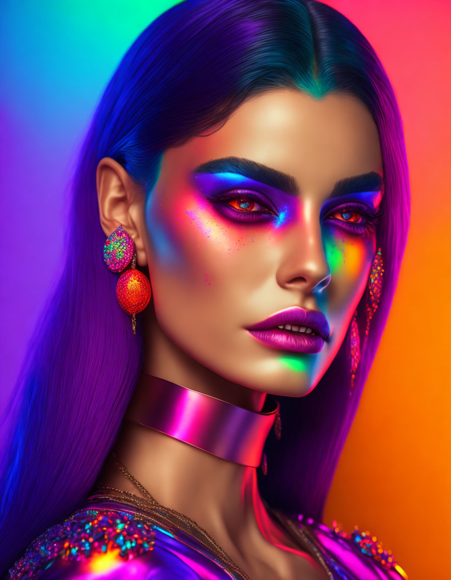 Vibrant woman with bold makeup and statement accessories on colorful background