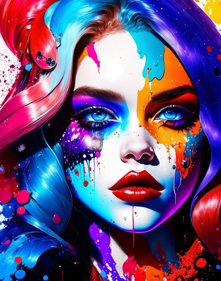 Colorful digital artwork: Woman with paint splashes on face and flowing hair