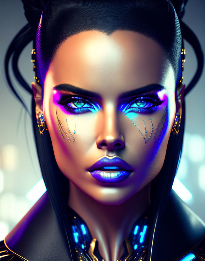 Female digital art portrait with blue cyberpunk makeup and futuristic neon accents.