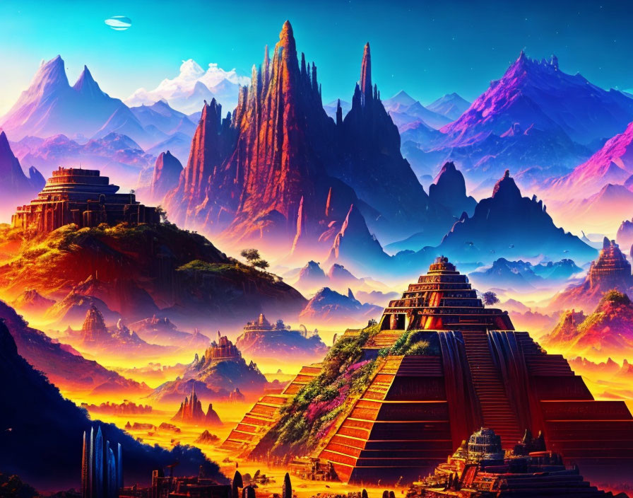 Majestic mountains, luminous sky, floating islands, and ancient structures in fantasy landscape