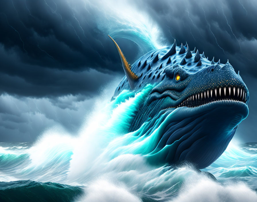 Blue sea monster with sharp teeth in stormy ocean waves.