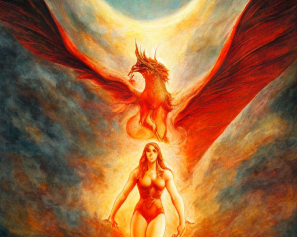 Surreal painting of woman with fiery phoenix wings under glowing halo