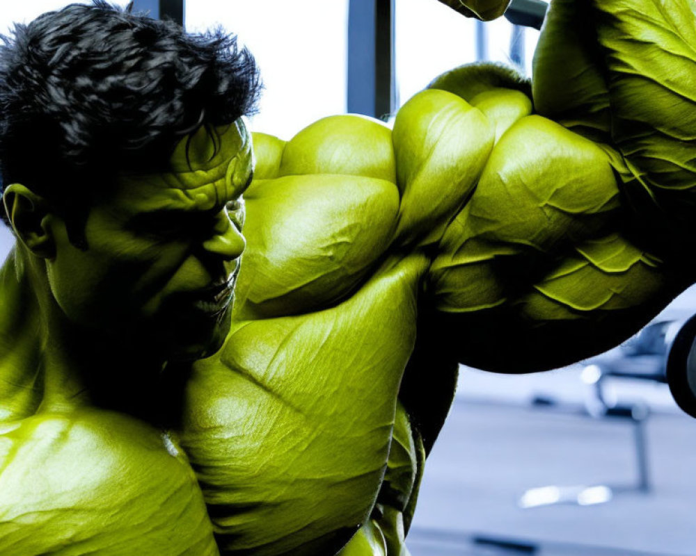 Muscular figure in green body paint doing a pull-up