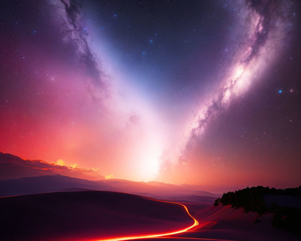 Surreal desert landscape with red path, starry sky, and vibrant sunset