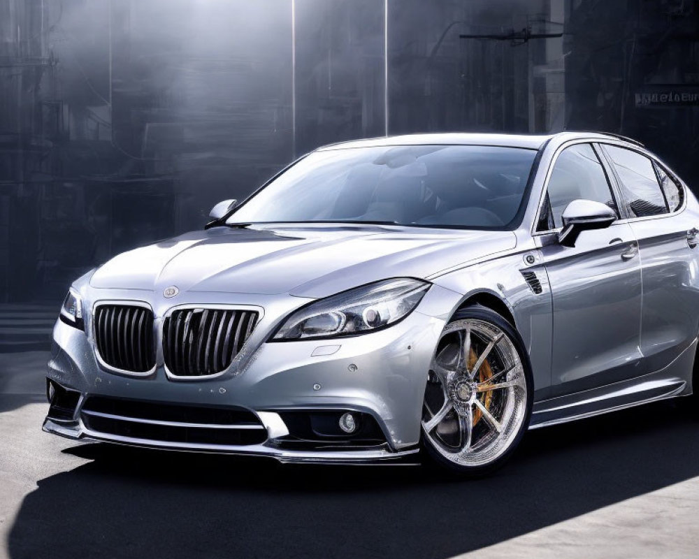 Silver Luxury Sedan with Custom Wheels on Urban Street Displaying Sleek Design and Chrome Accents