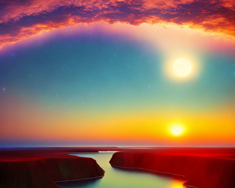 Scenic sunset over river with cliffs under starry sky