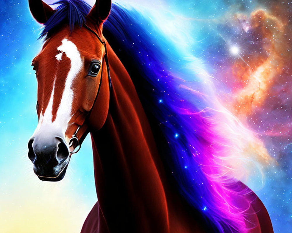 Vibrant galaxy-themed horse with cosmic backdrop