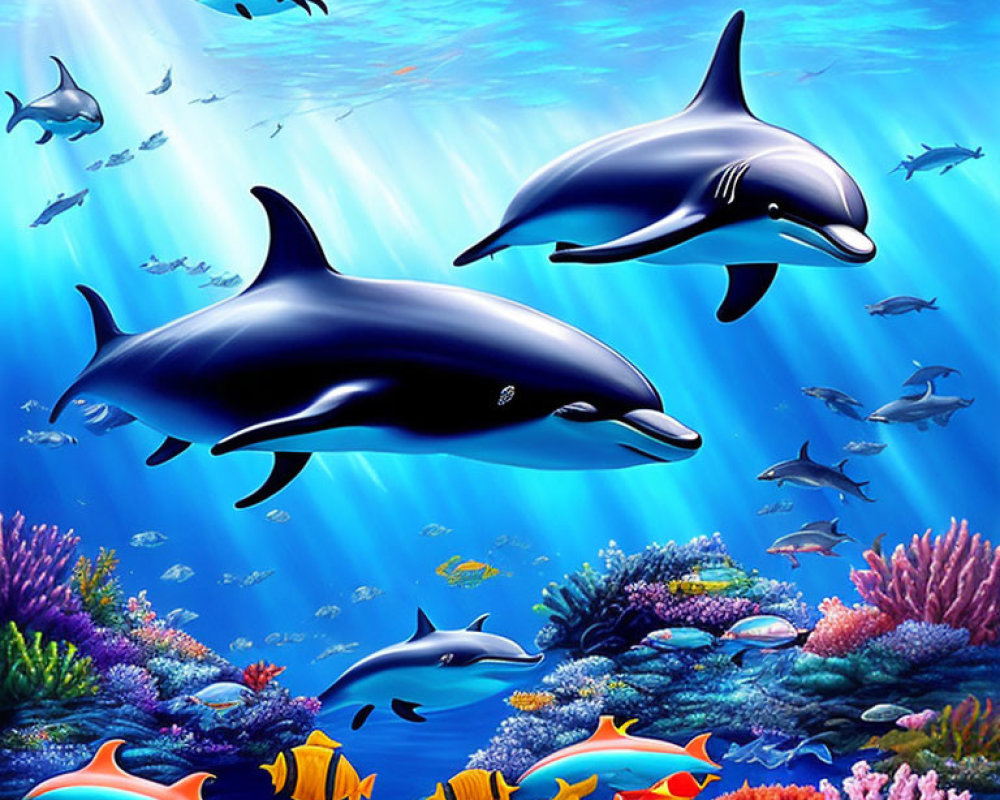 Colorful underwater scene with dolphins, fish, and coral reefs in clear blue waters