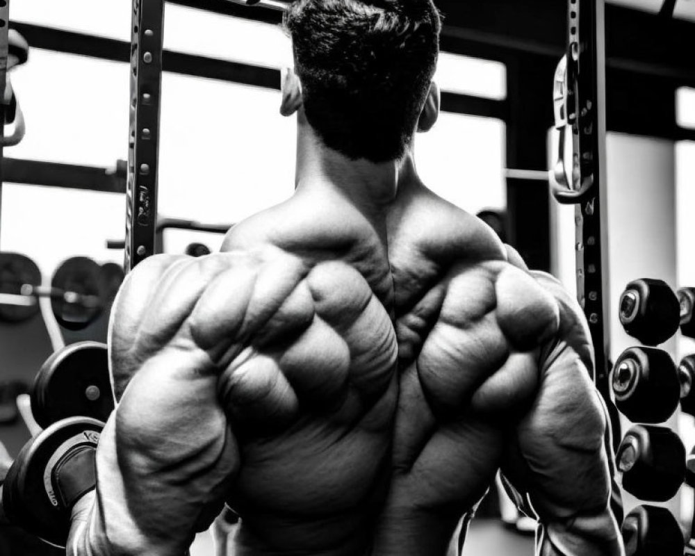 Muscular figure displaying flexed back and arms in gym setting.