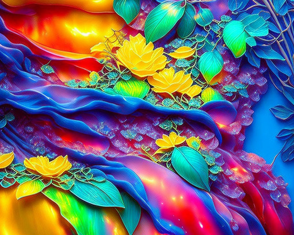 Colorful digital artwork: Fluid fiery patterns meet cool floral motifs