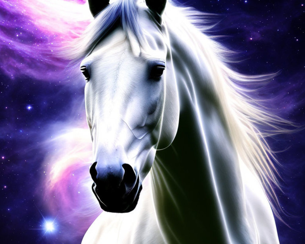 White Horse with Flowing Mane in Cosmic Setting