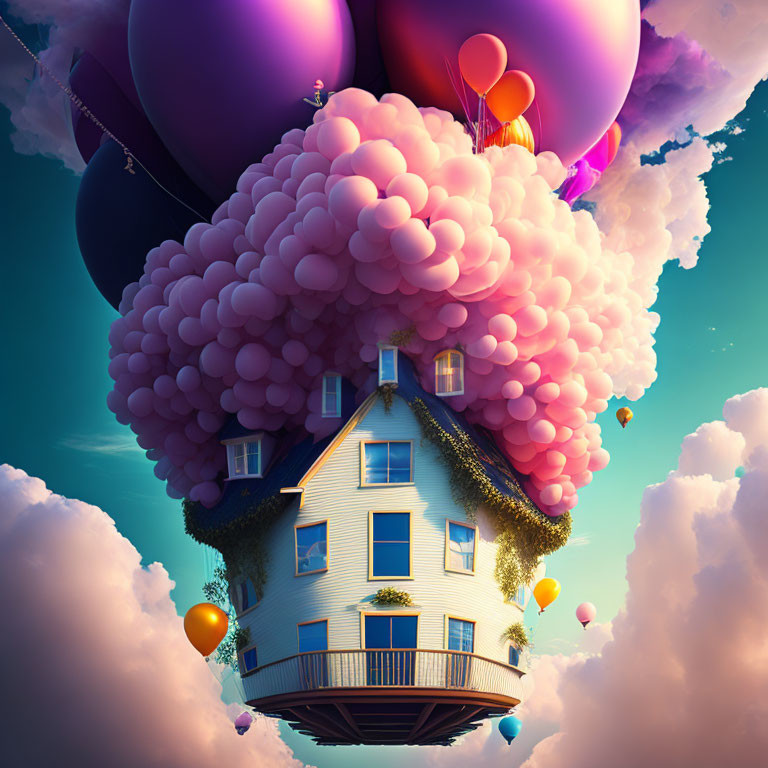 House lifted by vibrant balloons in dreamy sky