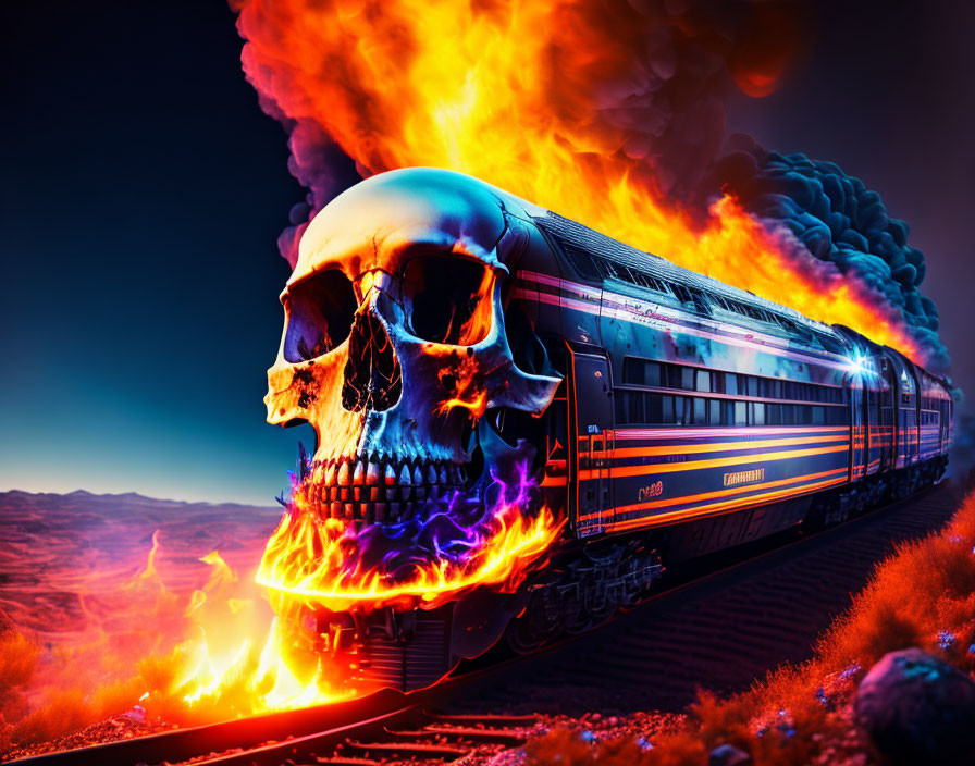 Surreal desert landscape with flaming skull train at twilight