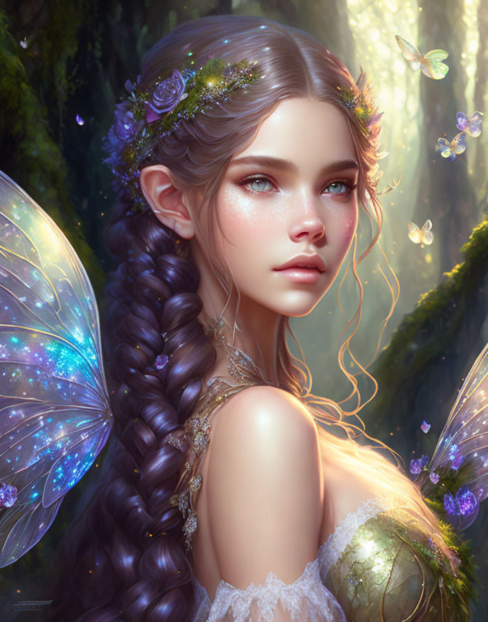 Fantasy illustration of a delicate female with butterfly wings in an ethereal forest