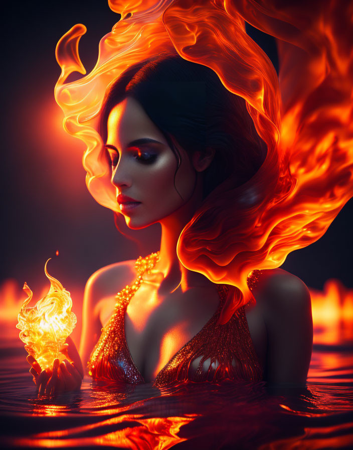 Surreal portrait: Woman with fiery orange hair holding fire in warm, red ambiance