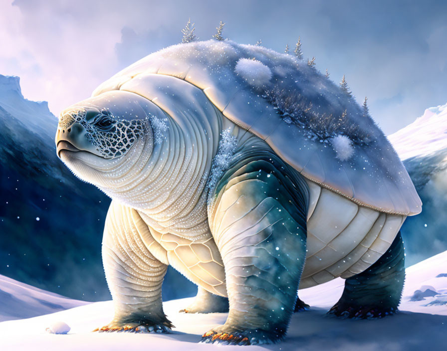 Giant turtle digital artwork with snowy landscape on shell in wintry mountain scene