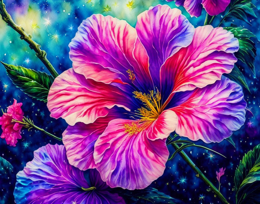 Colorful Painting of Large Hibiscus Flower on Starry Background