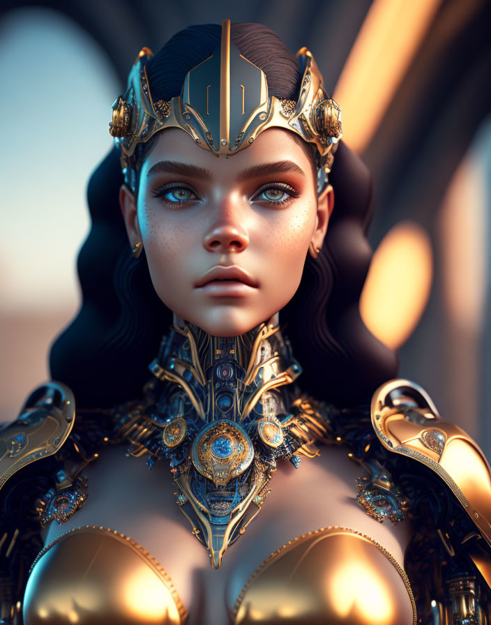 Digital artwork of female character in golden armor and headgear against blurred background