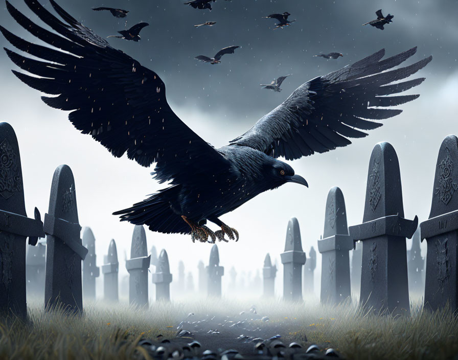 Raven flying over misty cemetery with gravestones