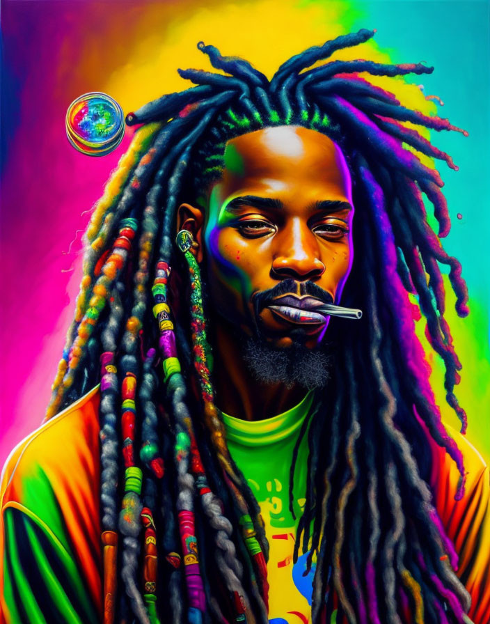 Colorful portrait: person with dreadlocks, thermometer in mouth, rainbow background.