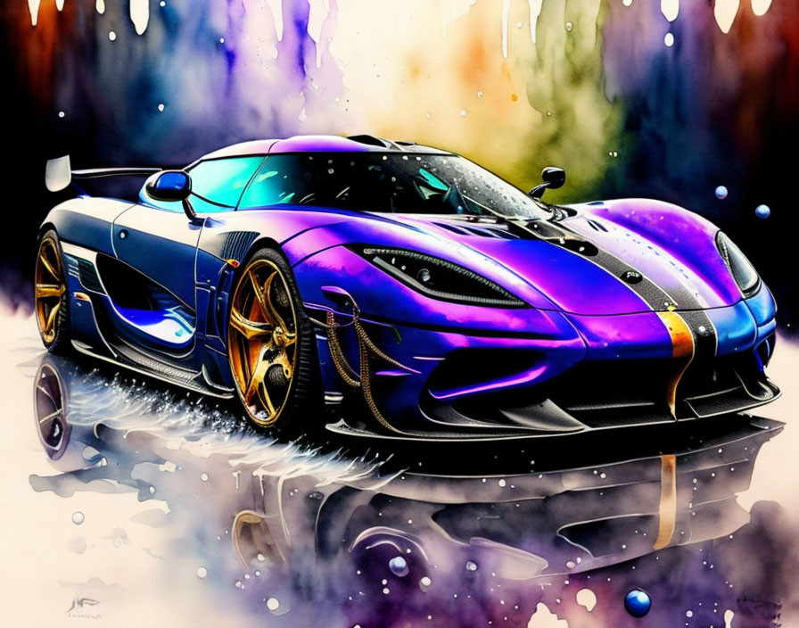 Colorful Stylized Artwork of Blue and Purple Sports Car on Watercolor Background