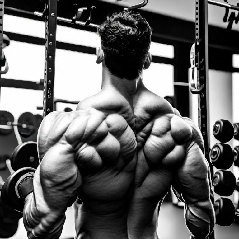 Muscular figure displaying flexed back and arms in gym setting.