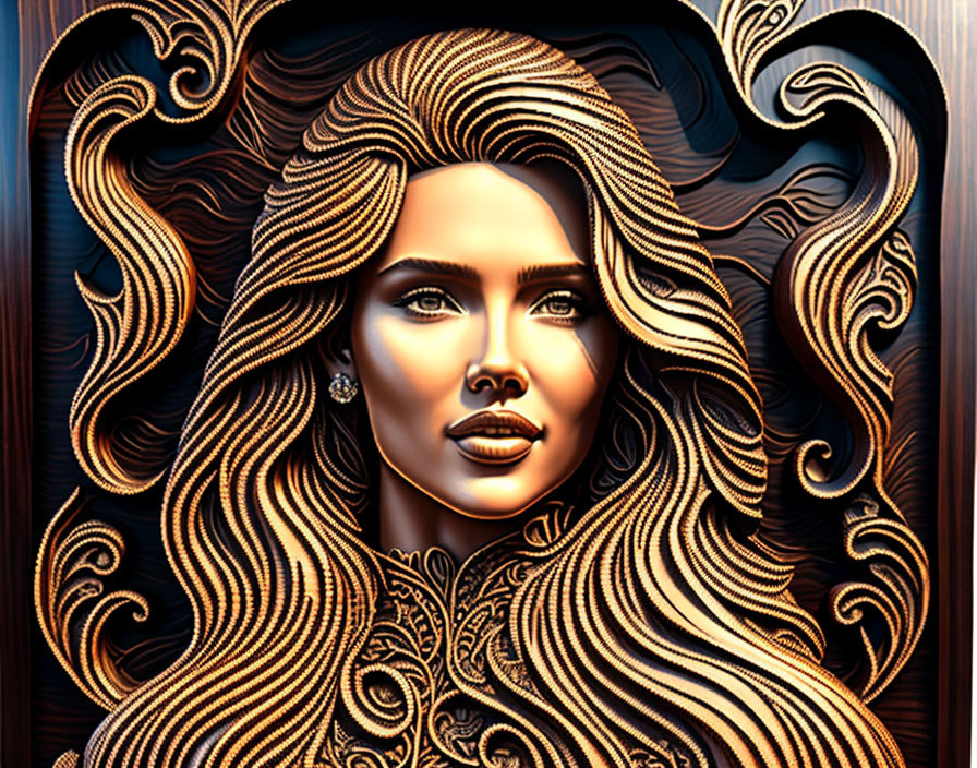 Intricate portrait of a woman with flowing, wavy hair in gold and orange tones