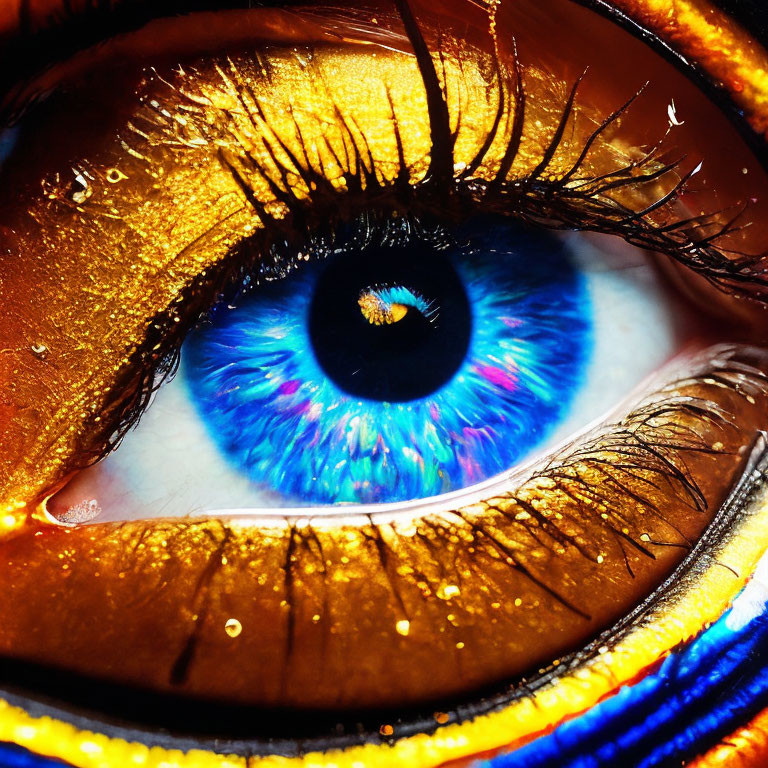 Detailed Close-Up of Vibrant Blue Iris with Golden Eyeshadow and Mascara