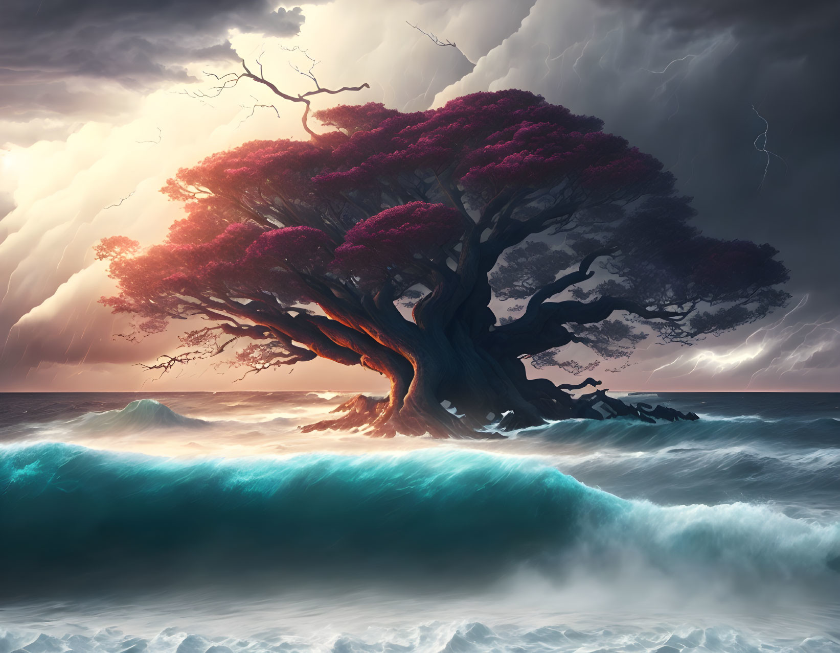 Majestic tree with vibrant canopy against stormy skies and ocean waves