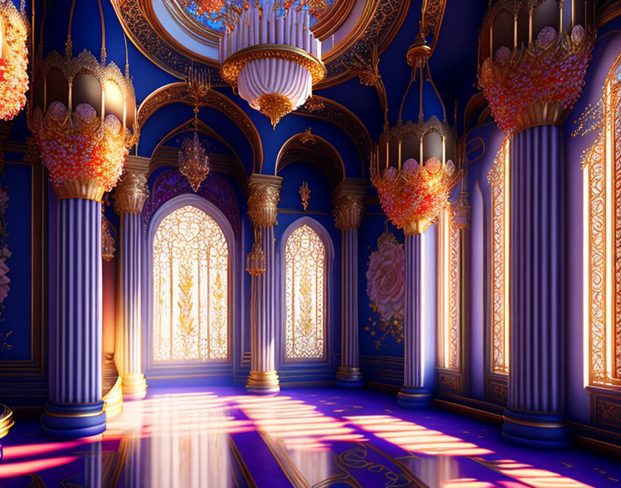 Opulent room with tall columns, golden patterns, arched windows, purple hues, and sunlight.