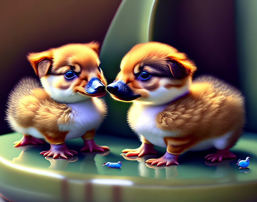 Two cute puppies with big eyes on a platform, one looking at its reflection, with toy ducks around