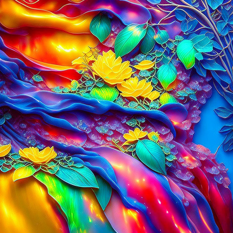 Colorful digital artwork: Fluid fiery patterns meet cool floral motifs