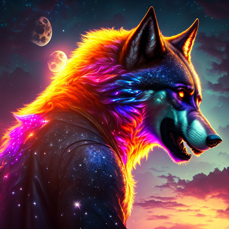 Colorful wolf digital art with cosmic mane in sunset sky.