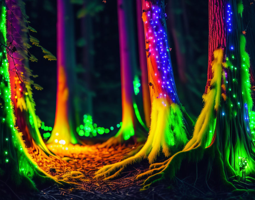 Enchanting forest path with colorful fairy lights