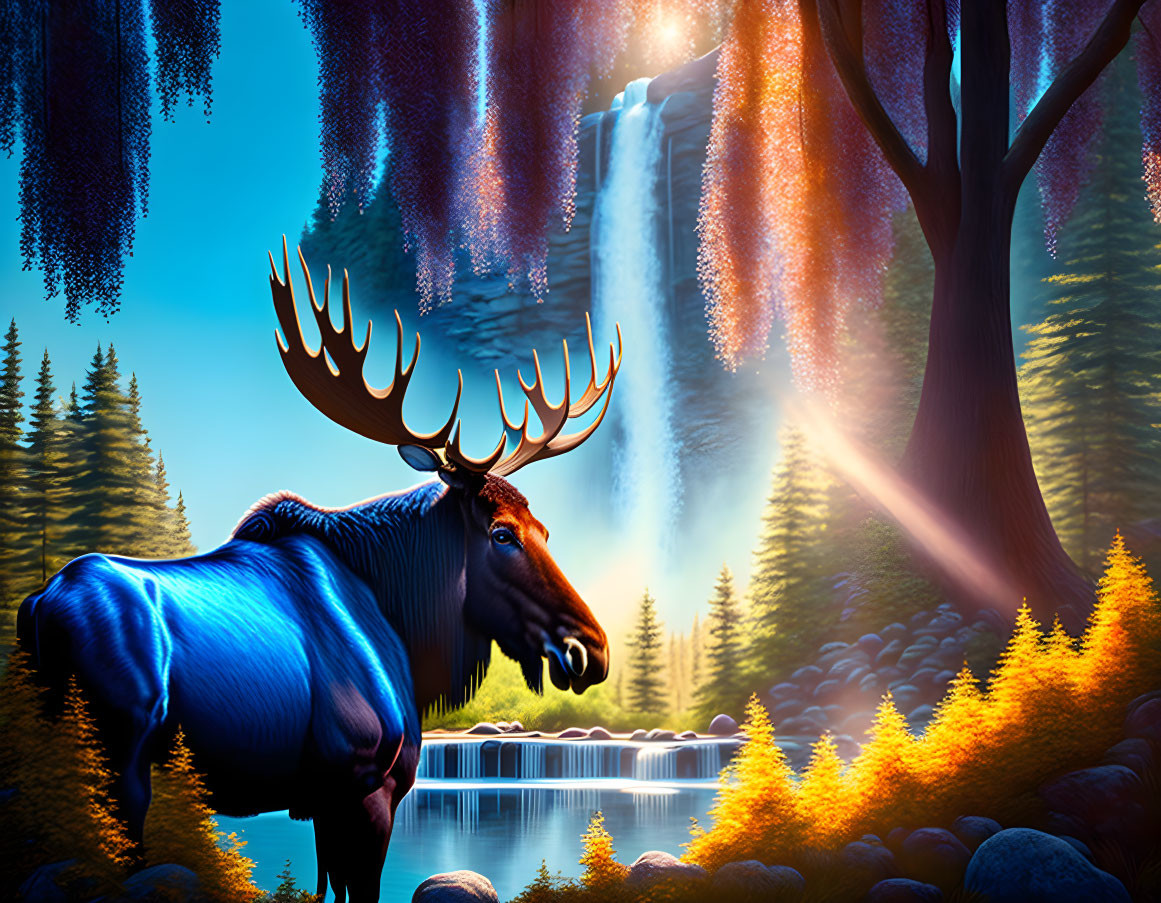 Majestic moose by vibrant forest waterfall