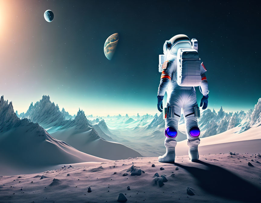 Astronaut on alien planet with multiple moons and mountains