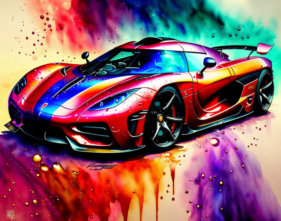 Colorful Sports Car Illustration with Dynamic Paint Splatters