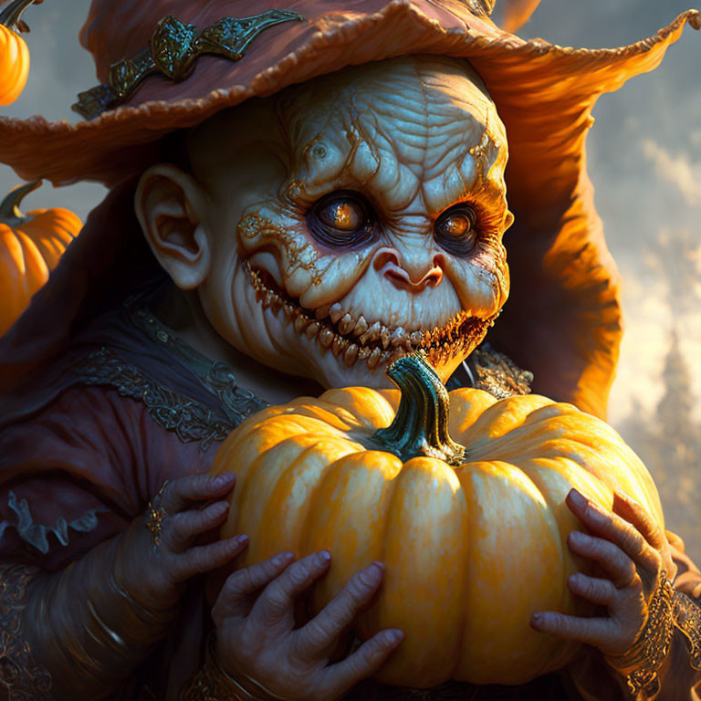 Spooky pumpkin-headed creature with glowing eyes and witch's hat in autumn scene