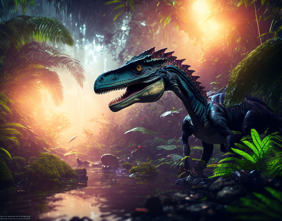 Realistic digital illustration: Velociraptor in lush jungle with waterfall